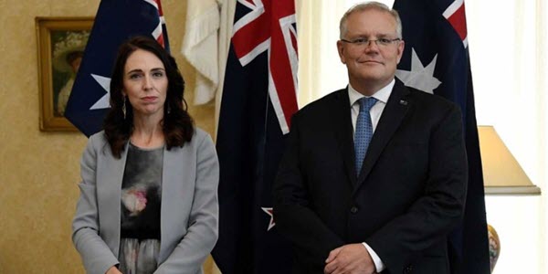 Prime Ministers Jacinda Ardern and Scott Morrison at Admiralty House in Sydney on 28 February 2020. (Photo: Bianca de Marchi/Pool/AFP)