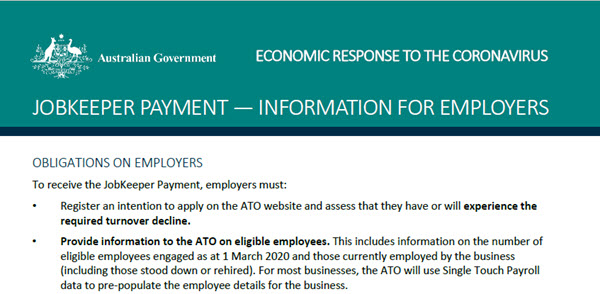 Australian government information for employers about the new JobKeeper wage subsidy.