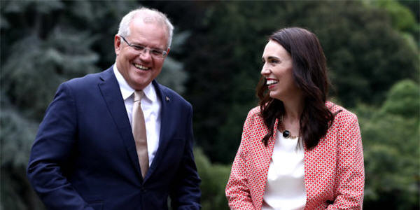 Australian PM Morrison and New Zealand PM Jacinda Ardern in Auckland. (Getty Images)