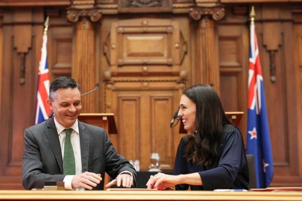 NZ Greens party leader James Shaw with Prime Minister-elect Jacinda Ardern. (Photo: Hagen Hopkins/Getty Images).
