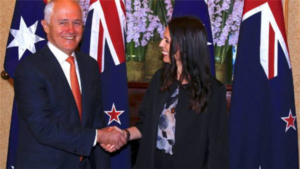 Australiam PM Malcolm Turnbull shakes hands with New Zealand PM Jacinda Ardern before their meeting in Sydney. (Photo: David Gray)