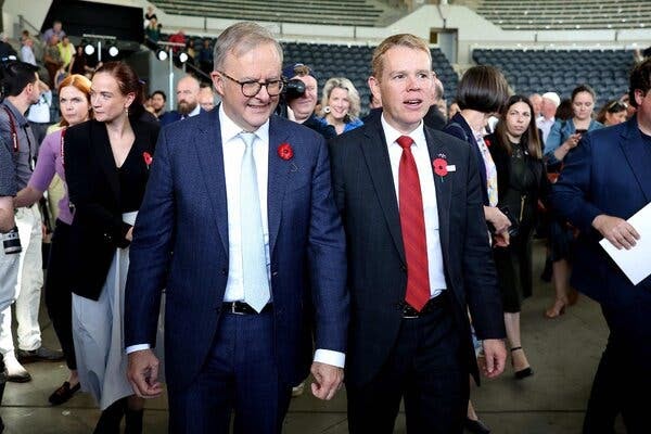 Prime Minister Anthony Albanese of Australia and his counterpart in New Zealand, Chris Hipkins, at a citizenship ceremony in Brisbane. Photo: Pat Hoelscher/Agence France-Presse