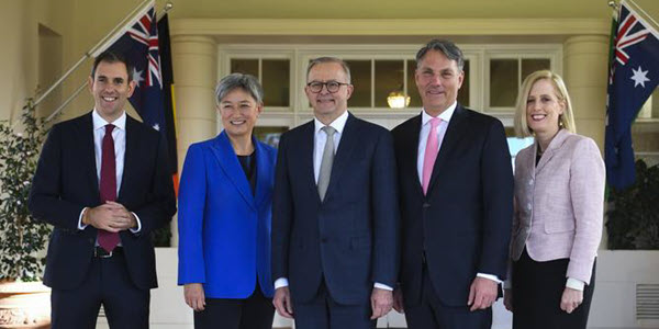 Australian Labor gain office: Prime Minister Anthony Albanese (centre) with Jim Chalmers, Penny Wong, Richard Marles and Katy Gallagher at Government house in Canberra. Photo: Andrew Taylor, NCA NewsWire