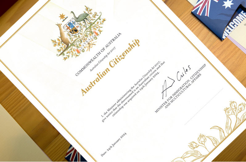 Australian citizenship certificate. Photo: Supplied.