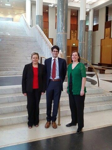 Oz Kiwi team in the foyer at Parliament House. L-R Natasha Maynard, Tim Gassin and Joanne Cox.