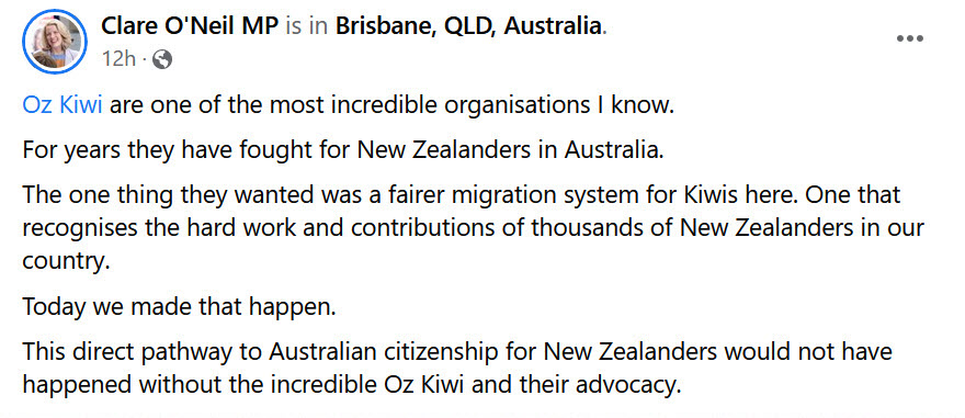 Clare O'Neil post acknowledging the work of Oz Kiwi.