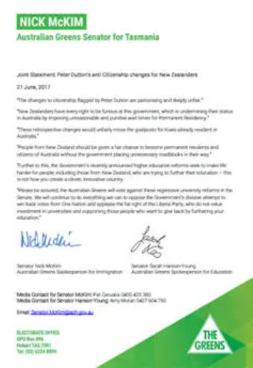 Australian Greens joint statement to Oz Kiwi.