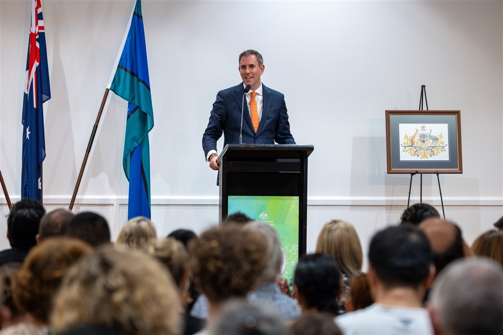 Federal Treasurer Jim Chalmers speaking at the Logan City Council citizenship ceremony. Photo: Home Affairs.