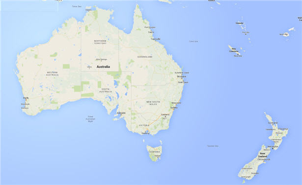 World map featuring Australia and New Zealand (Photo: Google Images).