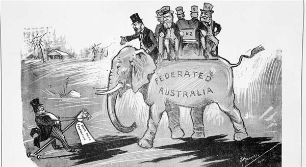 Cartoon circa November 1900 depicting New Zealand Premier Richard Seddon riding his hobby horse as the Australian state premiers try to persuade him to vacate his seat. (Cartoon: E F Hiscocks).