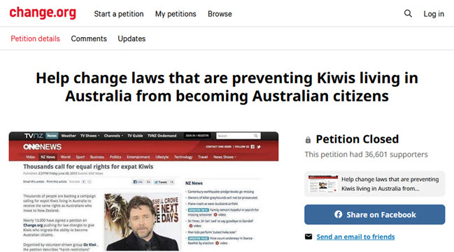 The Oz Kiwi petition was launched in June 2013.