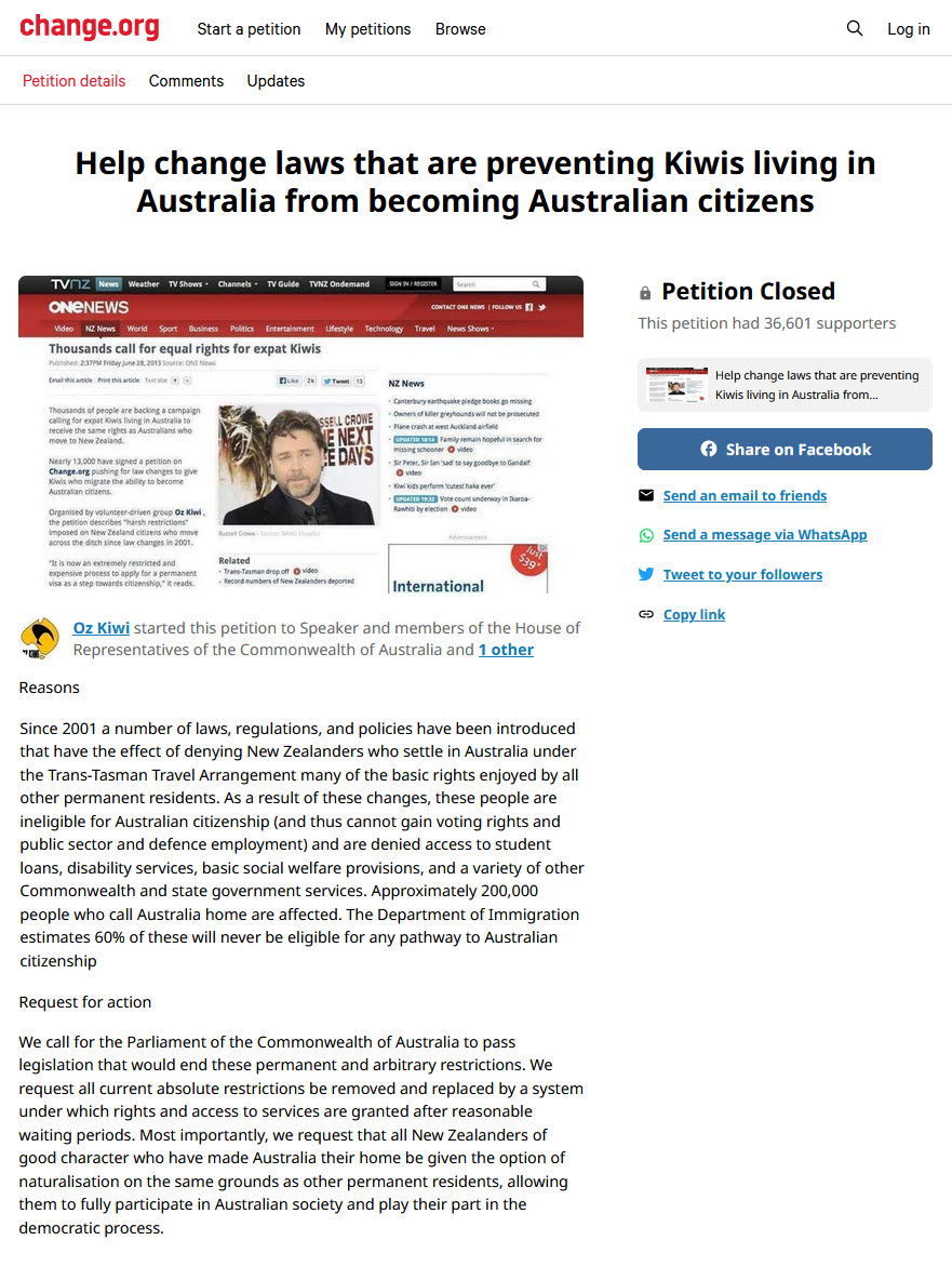 Oz Kiwi Change.org petition.
