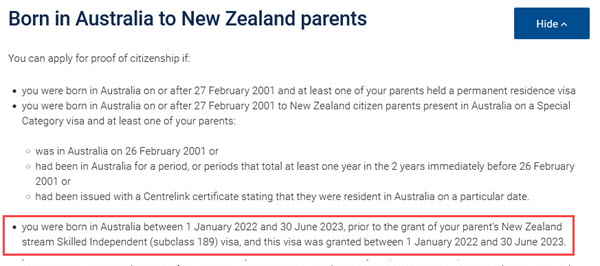 Citizenship for children born in Australia to New Zealand Stream 189 visa applicants.